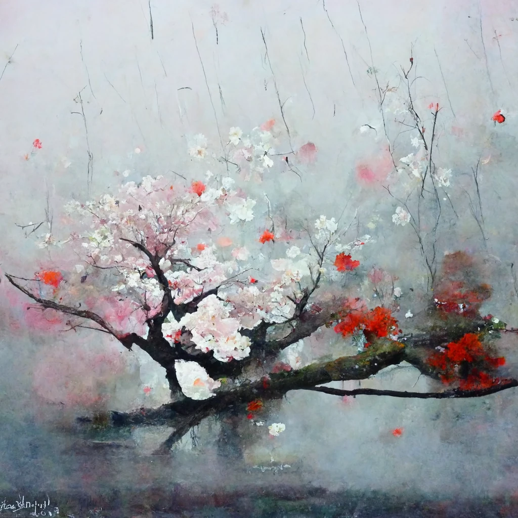 [Midjourney] peinture à l'huile Fleurs de cerisier japonais abstrait pluie [Réaliste]