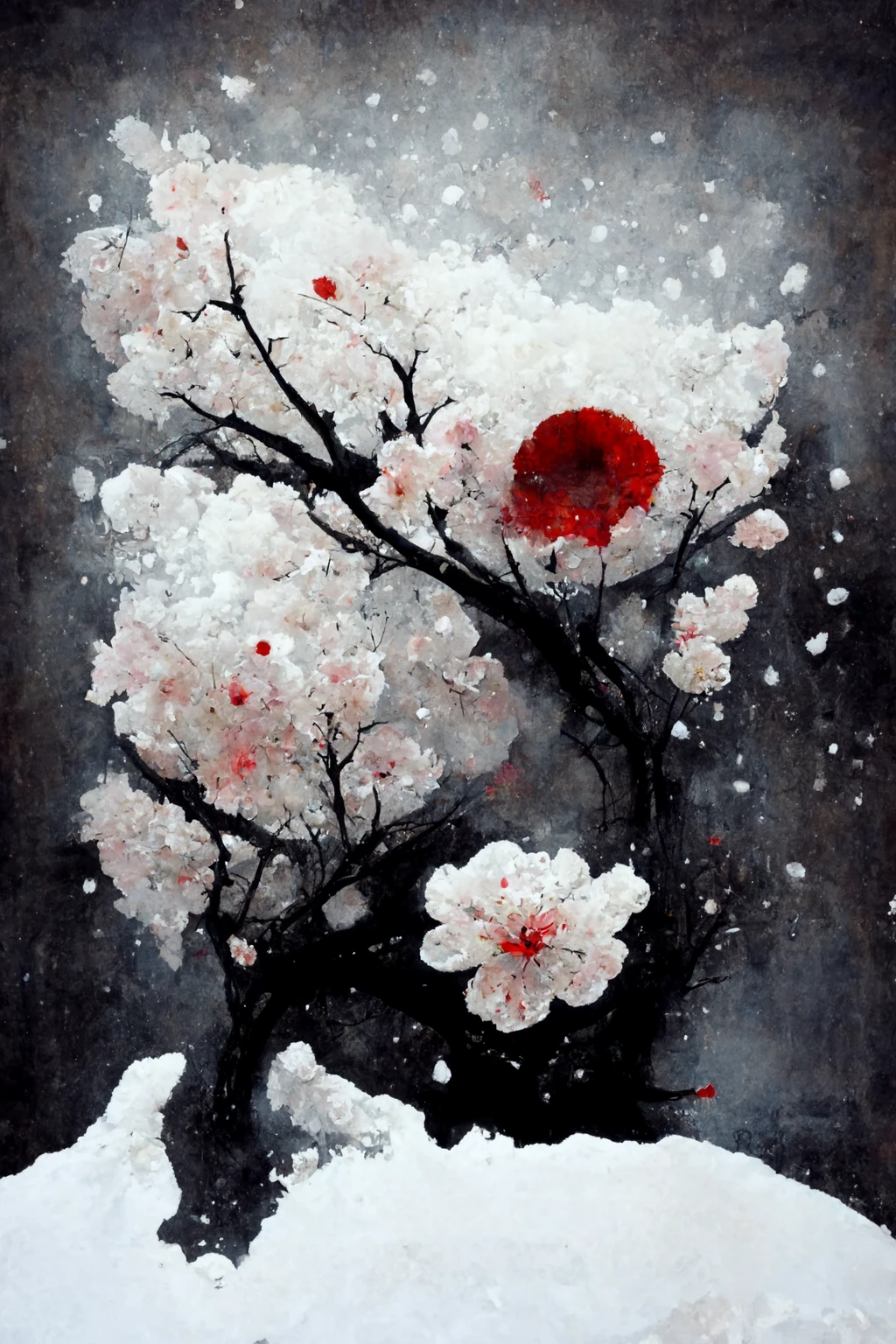 [Midjourney] Fleurs de cerisier japonais horreur abstrait neige [Réaliste]