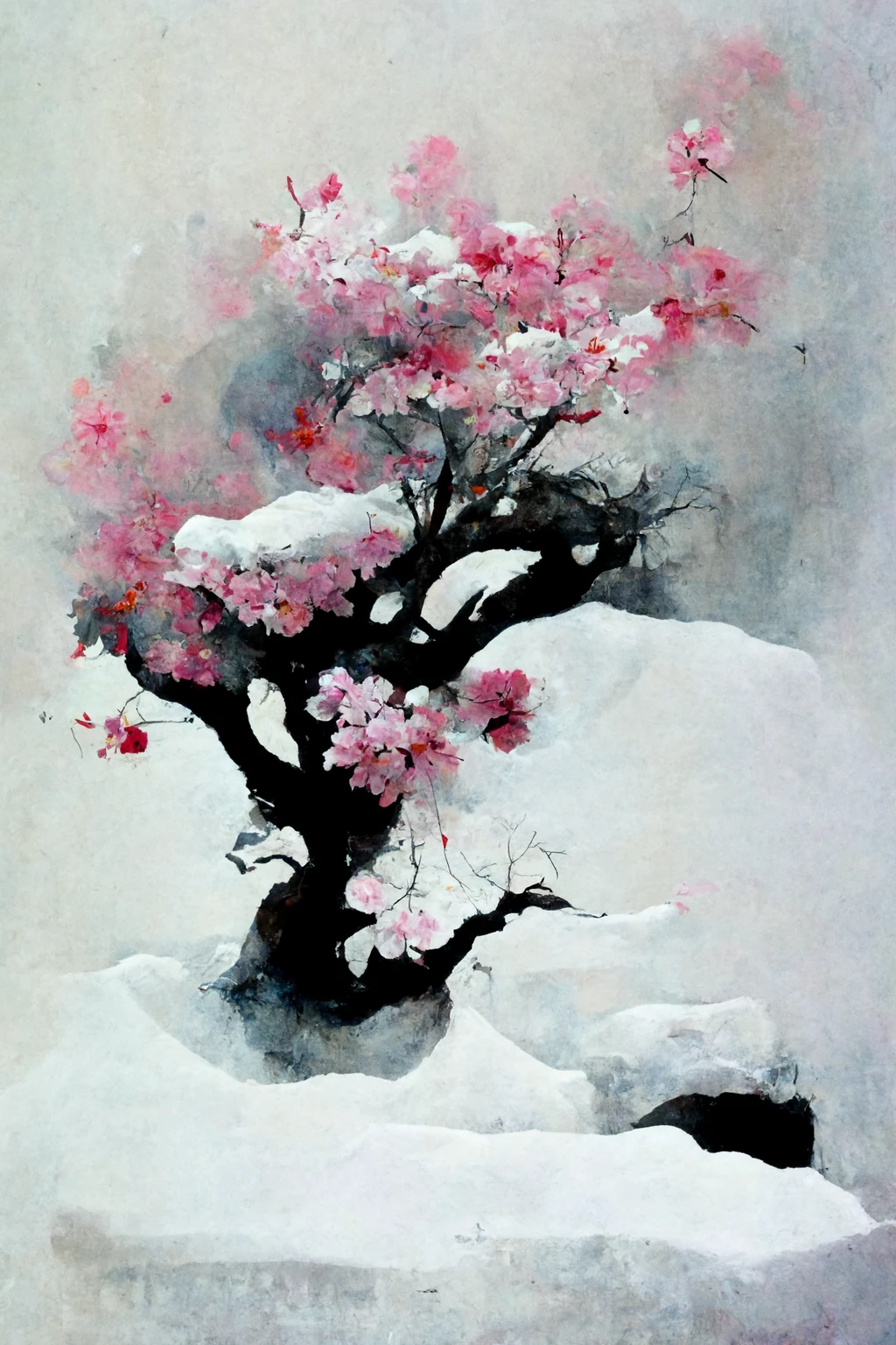 [Midjourney] Fleurs de cerisier japonais Bonsaï folie abstrait neige [Réaliste]