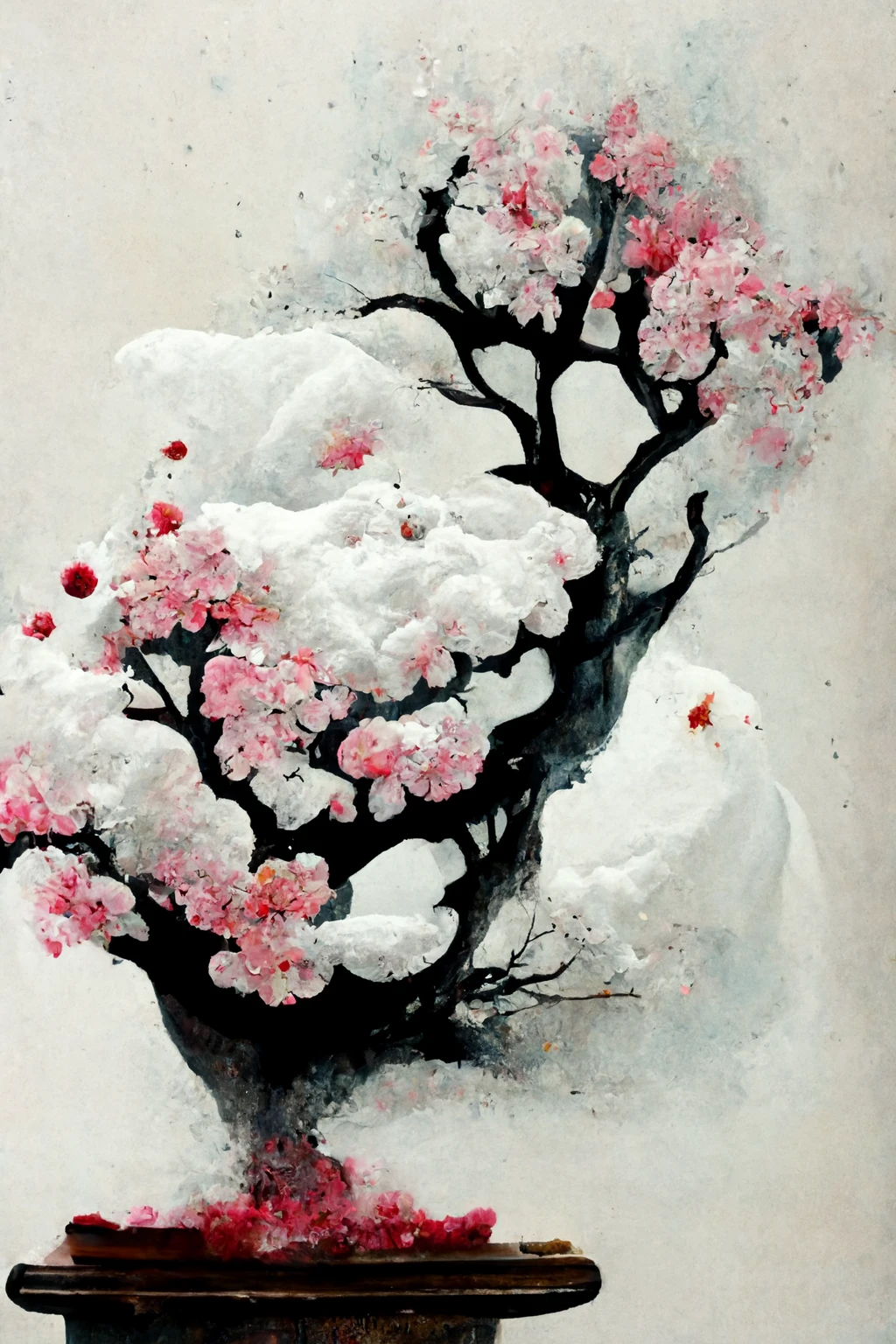 [Midjourney] Fleurs de cerisier japonais Bonsaï folie abstrait neige [Réaliste]