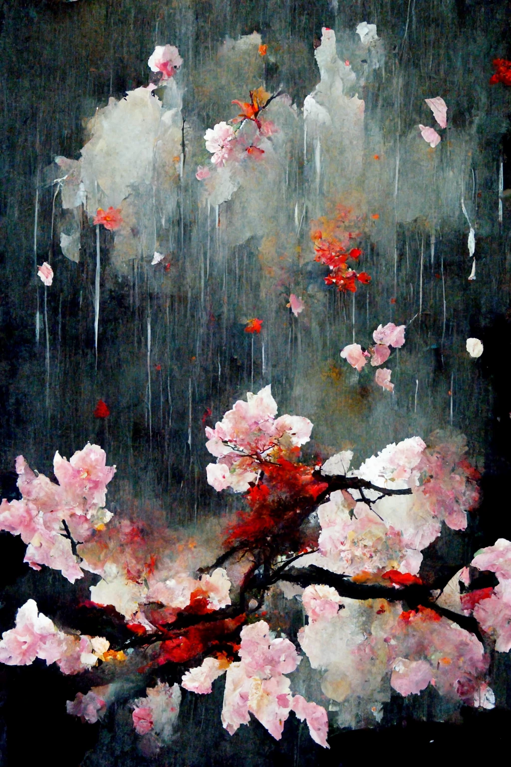 [Midjourney] Fleurs de cerisier japonais folie abstrait pluie [Réaliste]