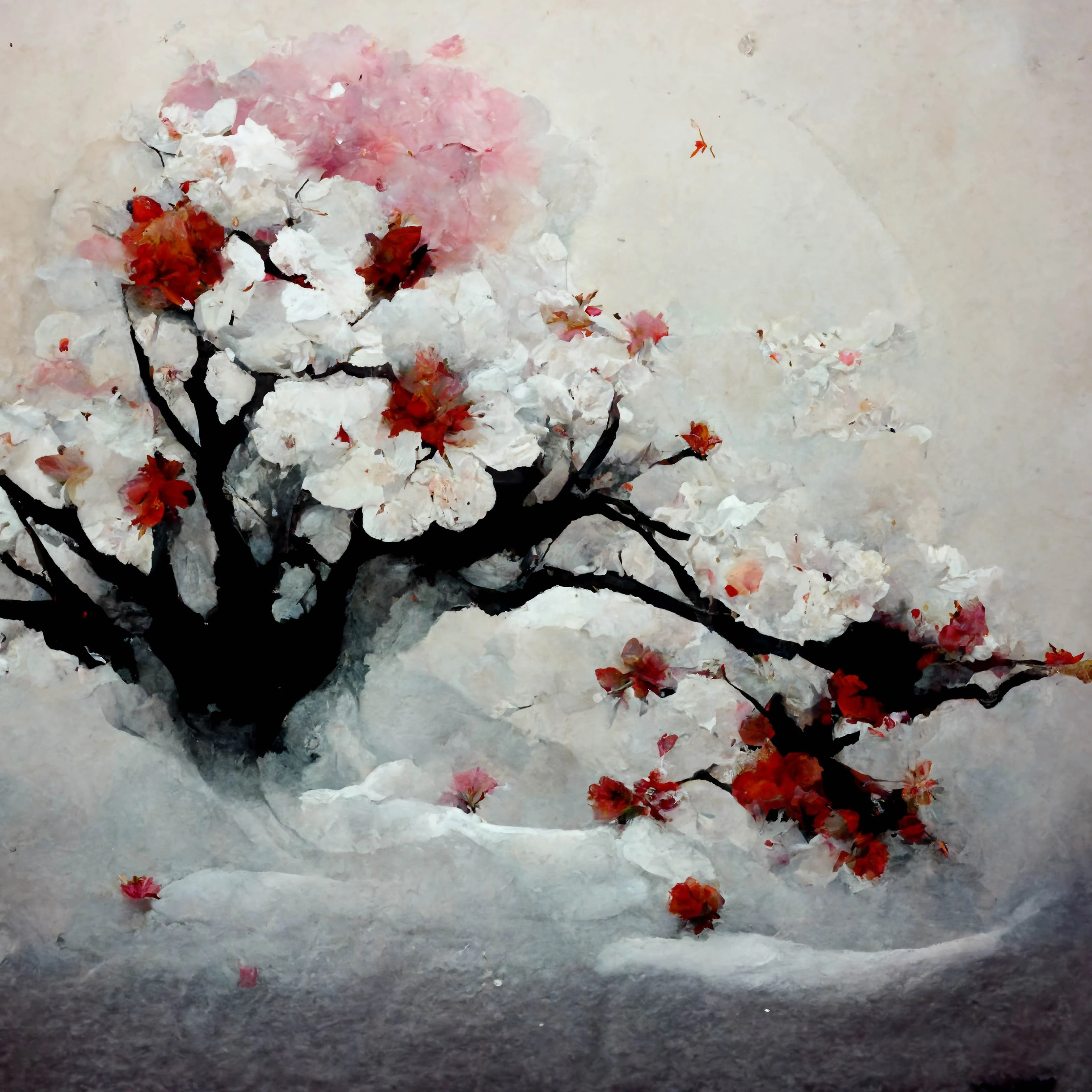 [Midjourney] Fleurs de cerisier japonais horreur abstrait neige [Réaliste]