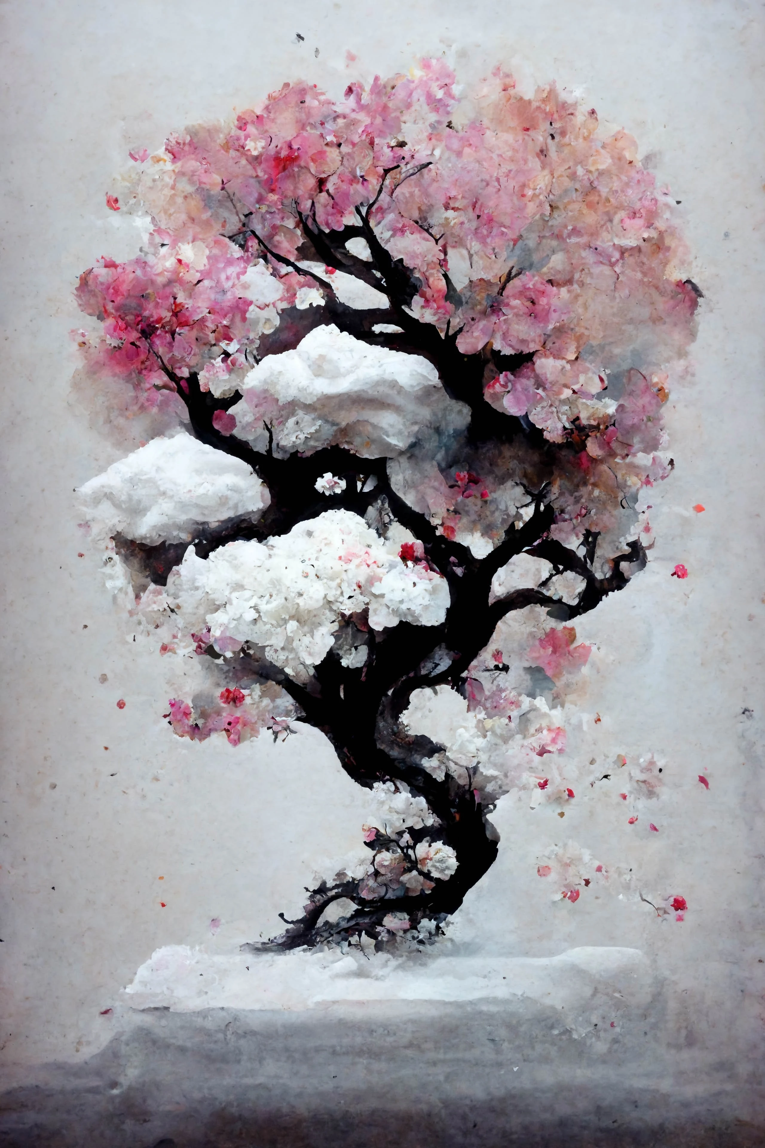 [Midjourney] Fleurs de cerisier japonais Bonsaï folie abstrait neige [Réaliste]