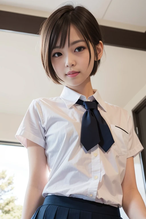 [Stable Diffusion] cheveux courts de dessous belle fille uniforme scolaire cool cool Grimace [Réaliste]