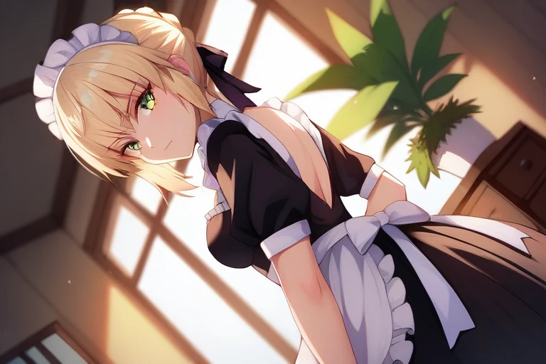 [Stable Diffusion] Fate Saber Fate Saber Alter intérieur lumière du soleil regardant le spectateur tenue de femme de chambre [Illustration]