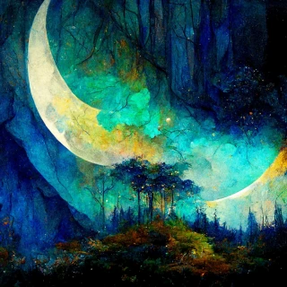 peinture à l'huile, lune, forêt