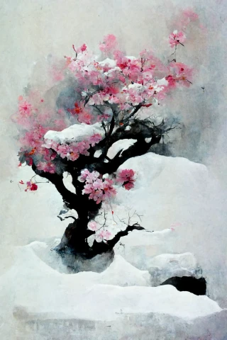 Fleurs de cerisier, japonais, Bonsaï, folie, abstrait, neige