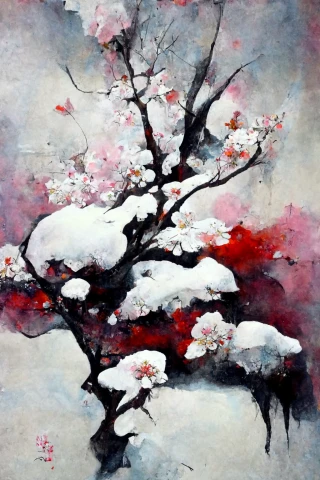 Fleurs de cerisier, japonais, folie, abstrait, neige